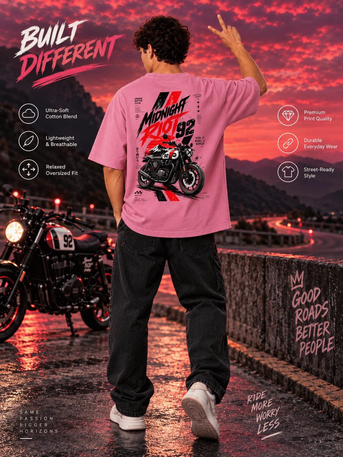 Excello Men's 'Midnight Riot 92' Motorcycle Graphic Oversized T-Shirt | Rose Pink