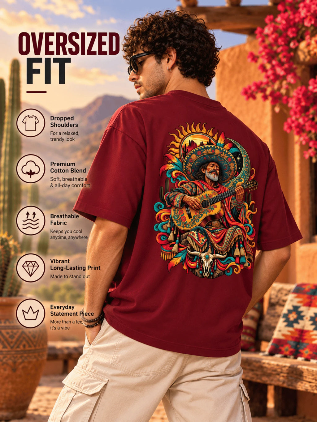 Excello Men's Mexican Musician Graphic Oversized T-Shirt | Maroon
