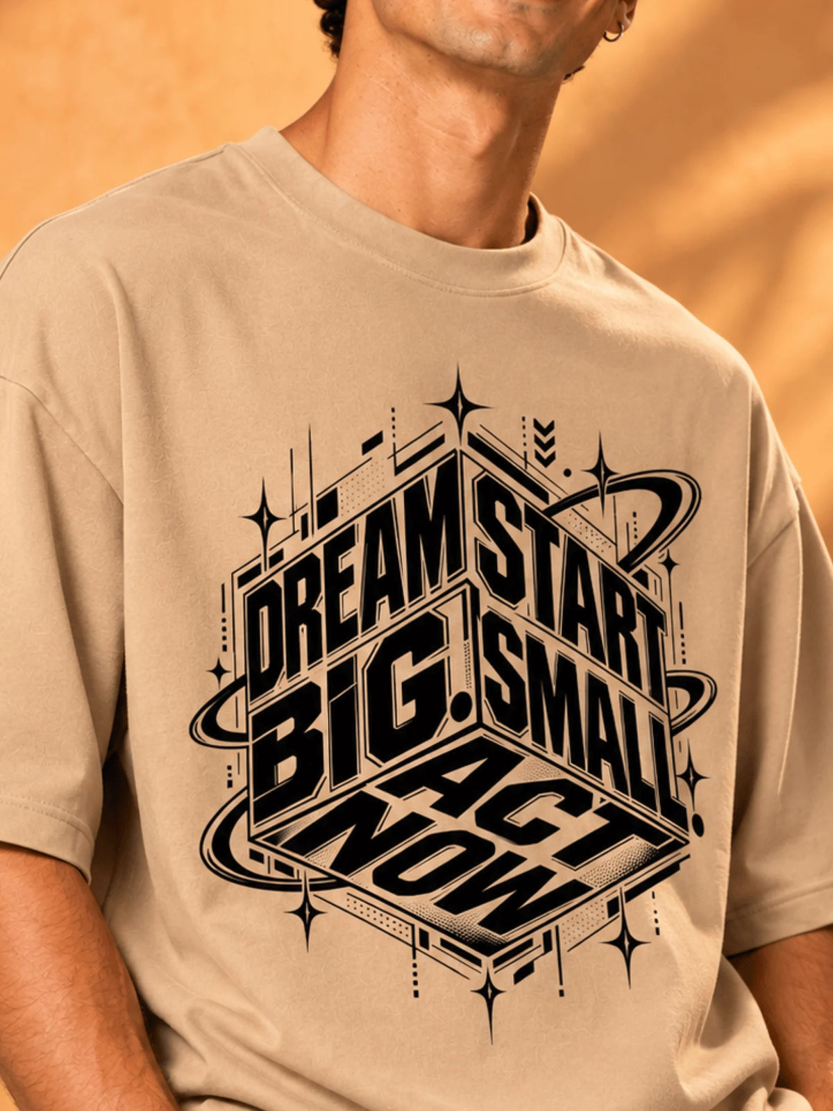 Excello Men's 'Dream Big' Motivational Graphic Oversized T-Shirt | Beige