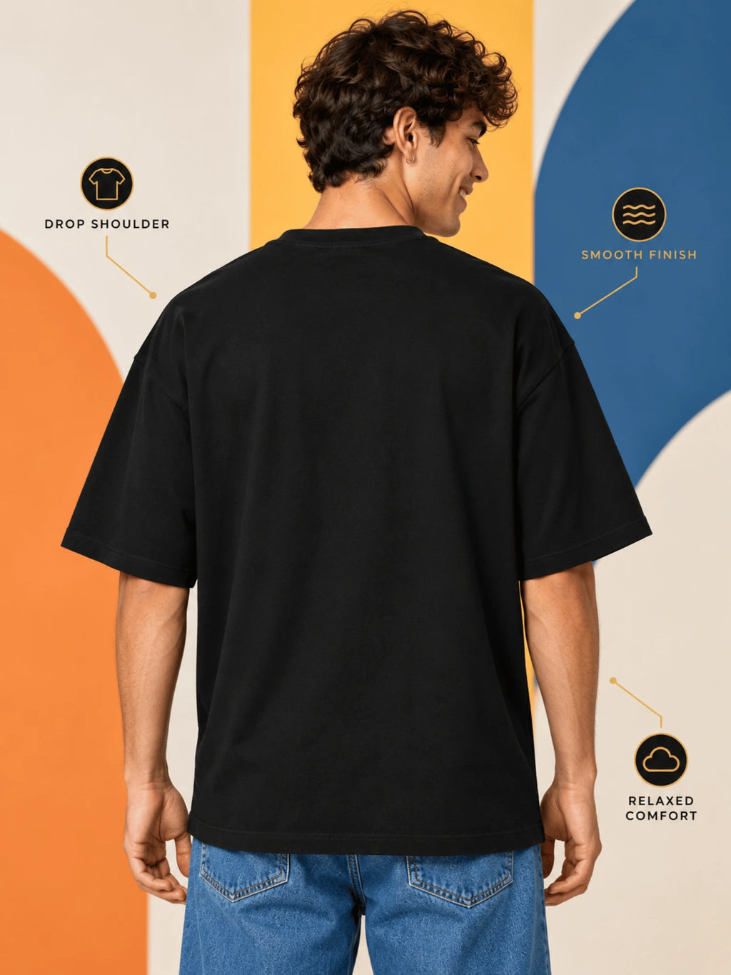 Excello Men's Golden Ganesha Aura Graphic Oversized T-Shirt - 240 GSM Pure Cotton, Bio-Washed | Black
