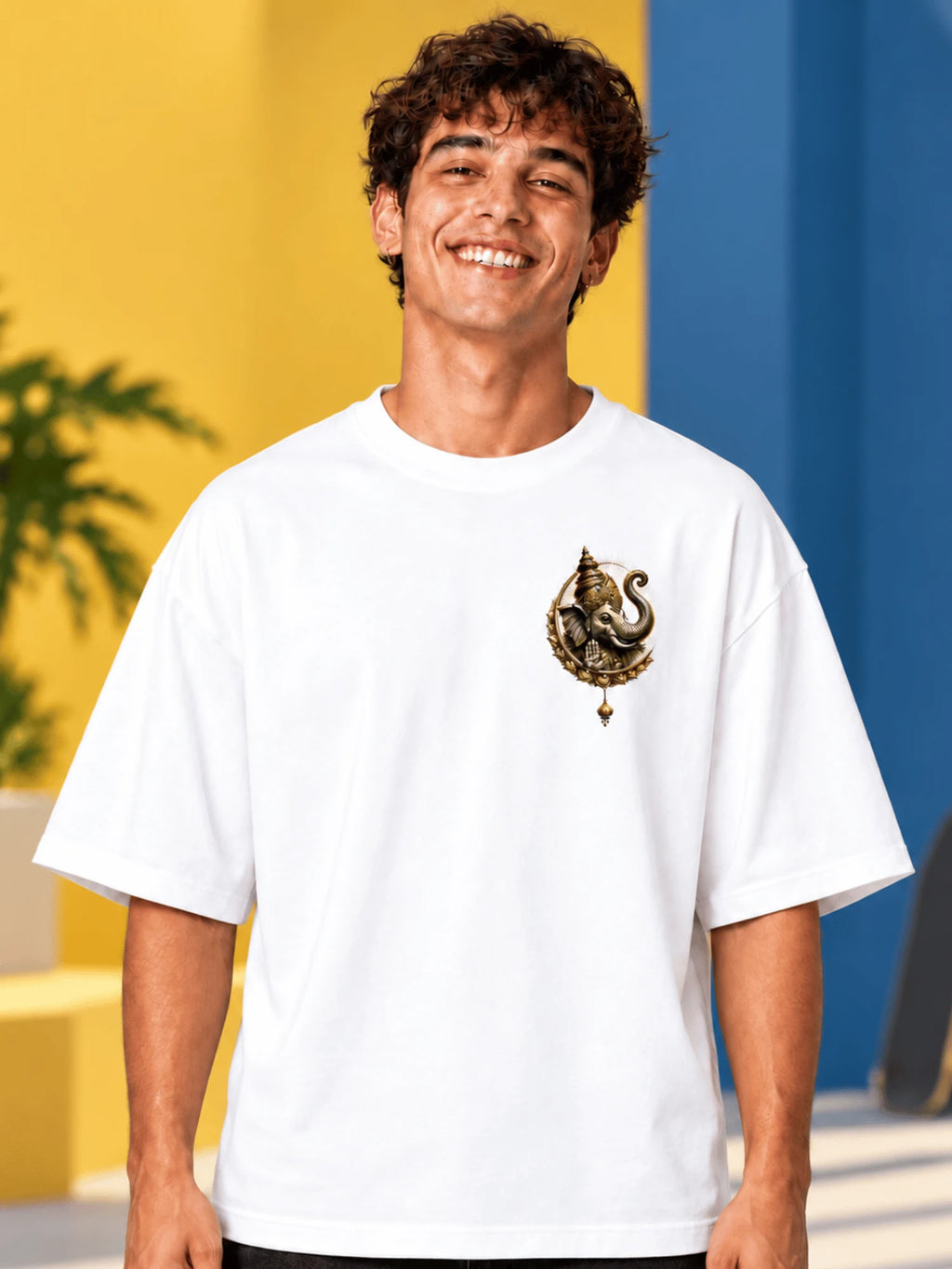 Excello Men's Dynamic Dancing Ganesha Graphic Oversized T-Shirt - 240 GSM Pure Cotton, Bio-Washed | White