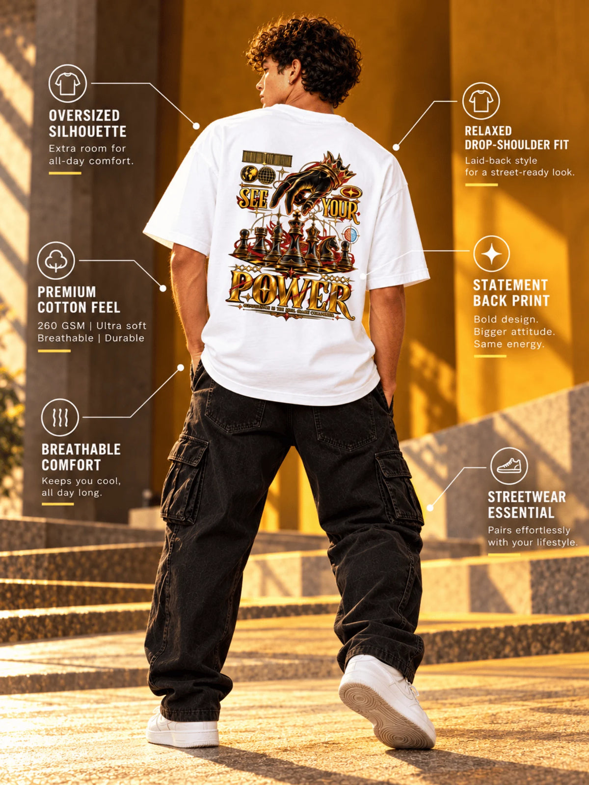 Excello Men's 'See Your Power' Chess Graphic Oversized T-Shirt | White