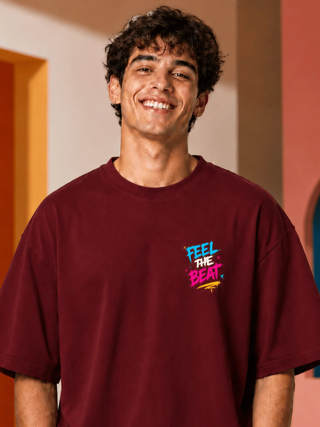 Excello Men's 'High On Music' Neon Graphic Oversized T-Shirt | Maroon