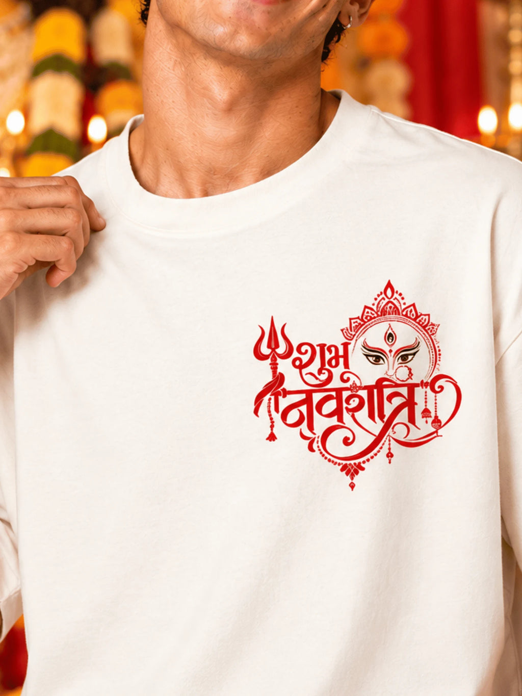 Excello Men's Shubh Navratri Graphic Oversized T-Shirt | Off White