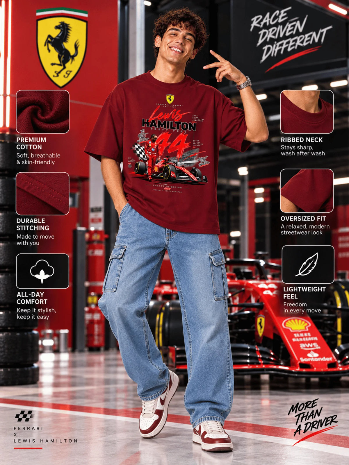 Excello Men's Lewis Hamilton 44 Scuderia Ferrari Graphic Oversized T-Shirt | Maroon