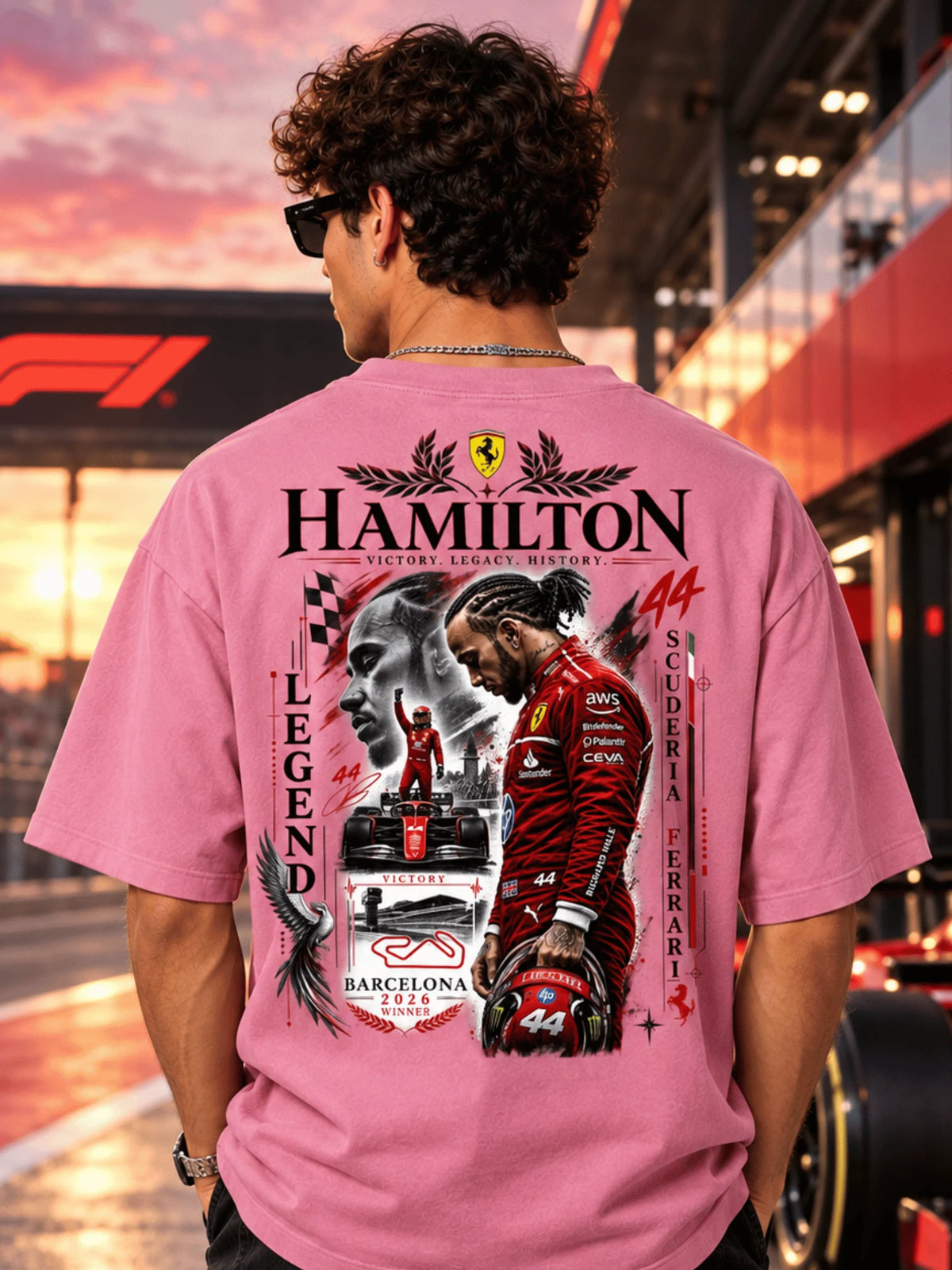 Excello Men's Hamilton Legend Racing Graphic Oversized T-Shirt | Rose Pink