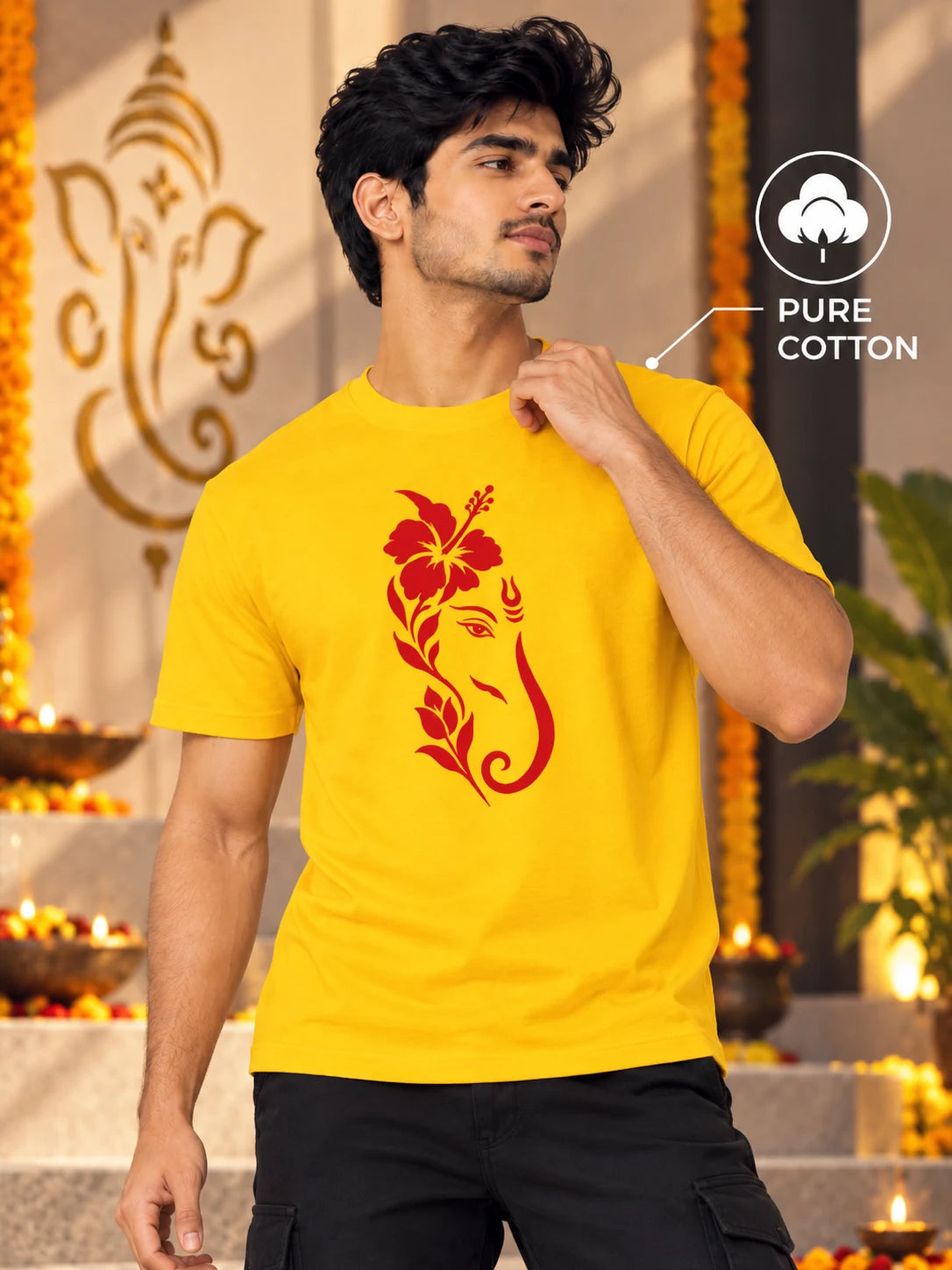 Men's Premium Pure Cotton Ganesha Graphic T-Shirt | 180 GSM Bio-Washed Regular Fit-Yellow