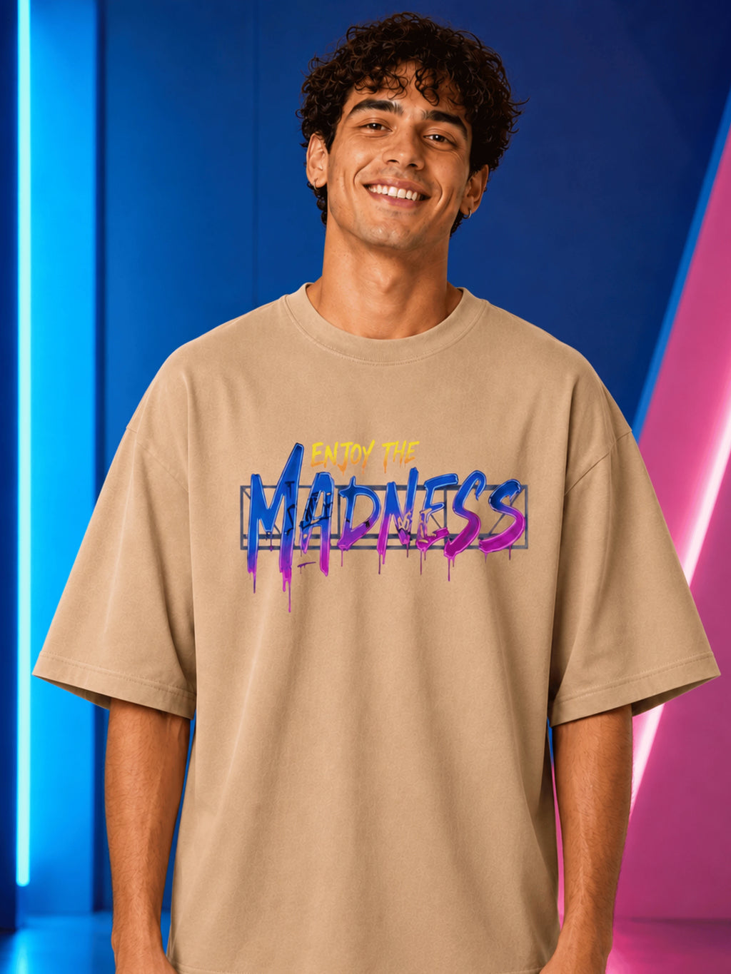Excello Men's 'Enjoy The Madness' Graffiti Graphic Oversized T-Shirt | Beige