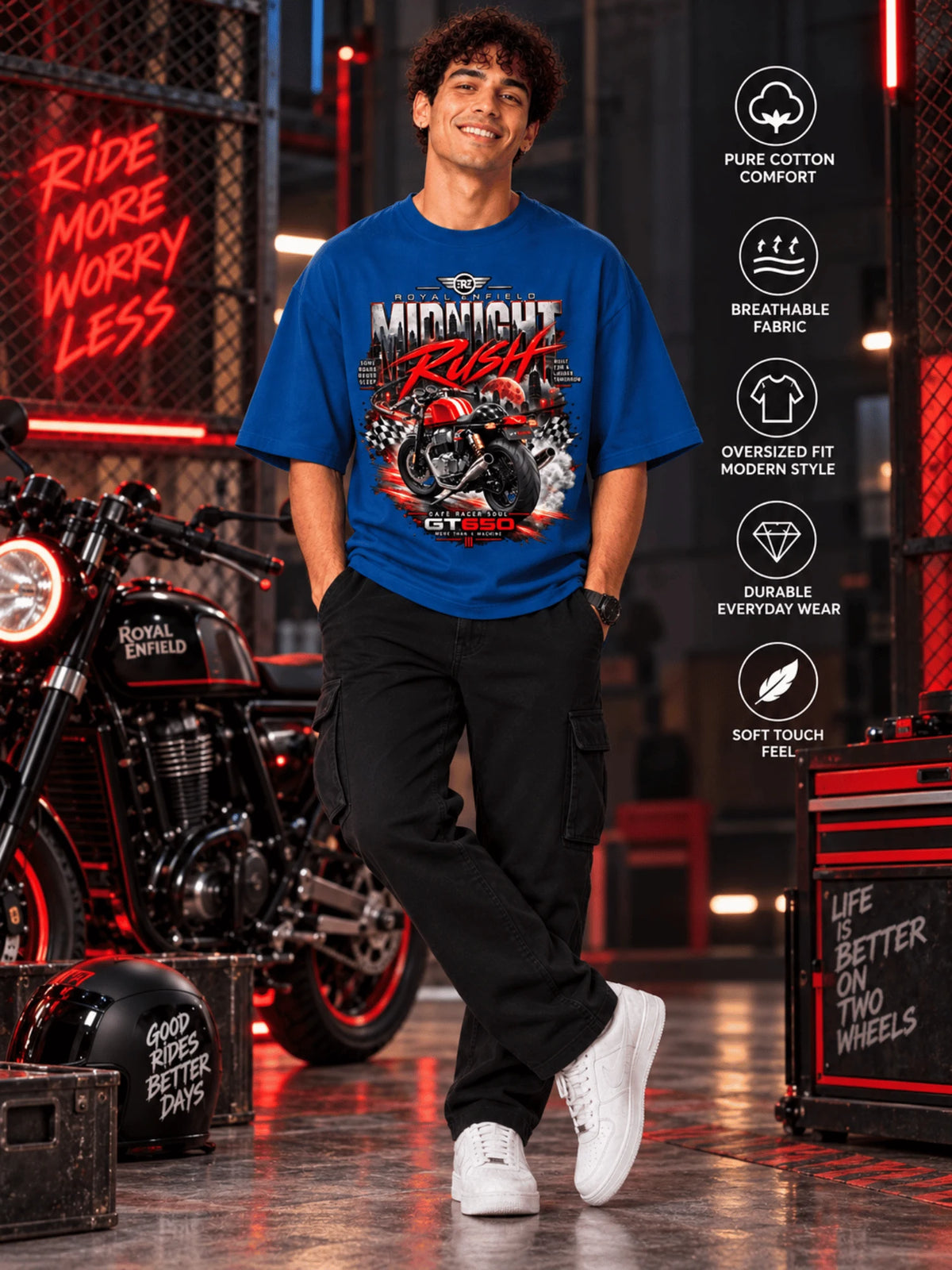 Excello Men's Royal Enfield GT 650 'Midnight Rush' Graphic Oversized T-Shirt | Air Force Blue