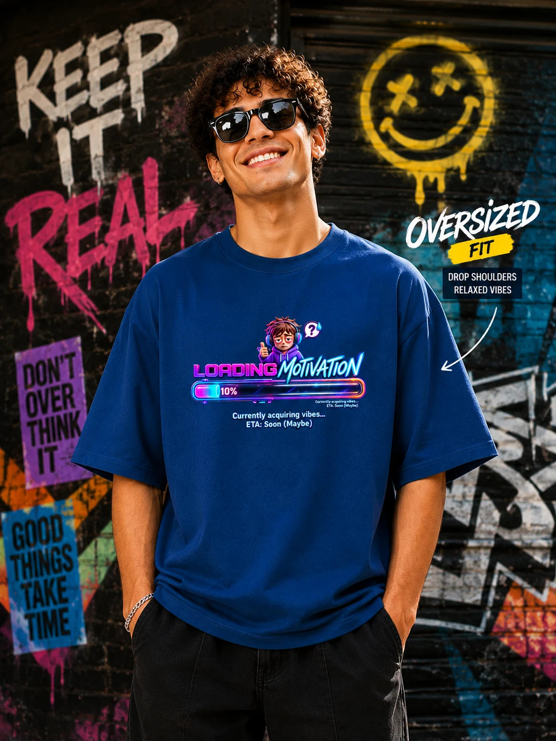 Excello Men's 'Loading Motivation' Gamer Graphic Oversized T-Shirt | Air Force Blue