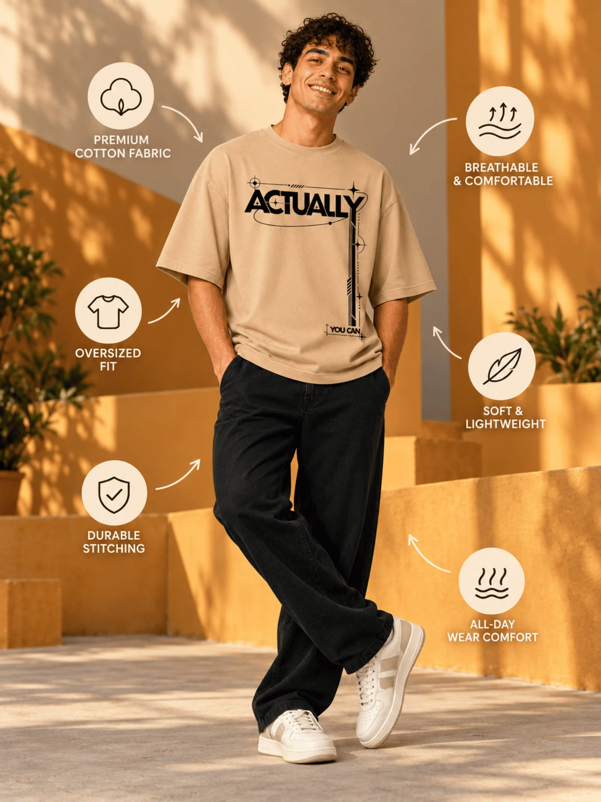 Excello Men's 'Actually You Can' Typography Oversized T-Shirt | Beige