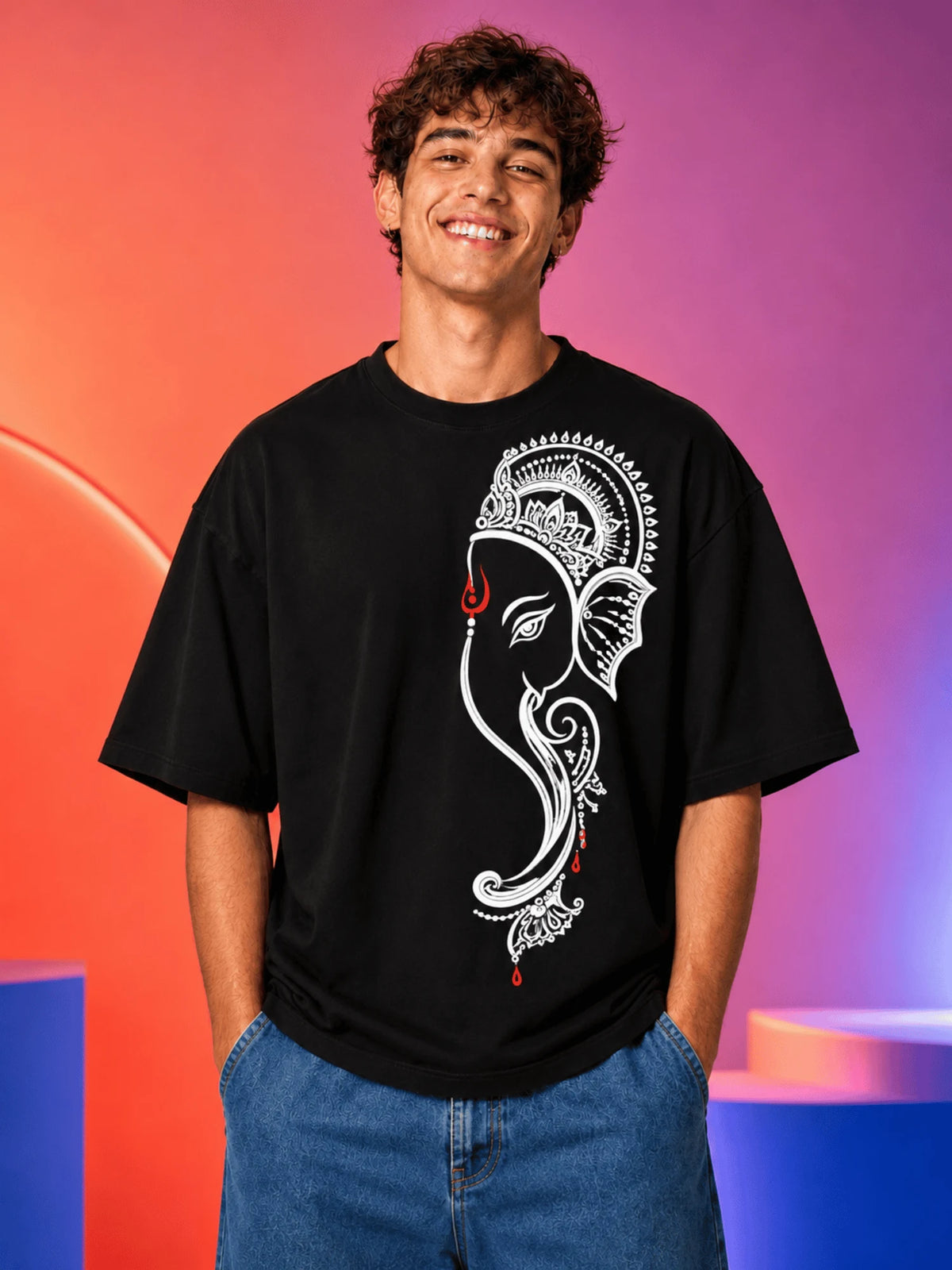 Excello Men's Minimalist Ganesha Line Art Graphic Oversized T-Shirt - 240 GSM Pure Cotton, Bio-Washed-Black