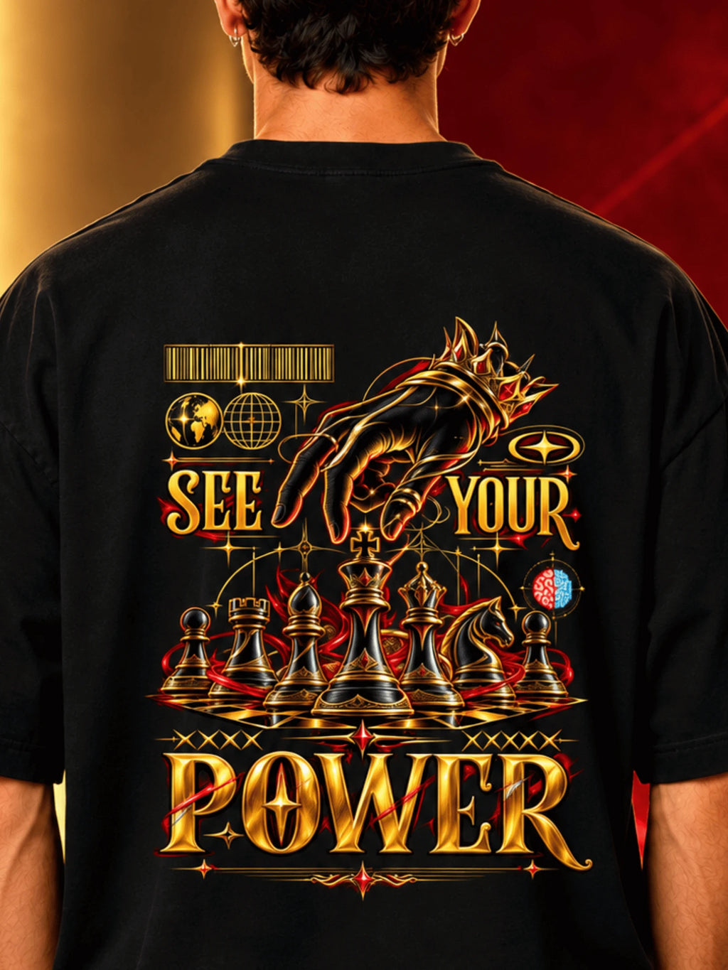 Excello Men's 'See Your Power' Chess Graphic Oversized T-Shirt | Black