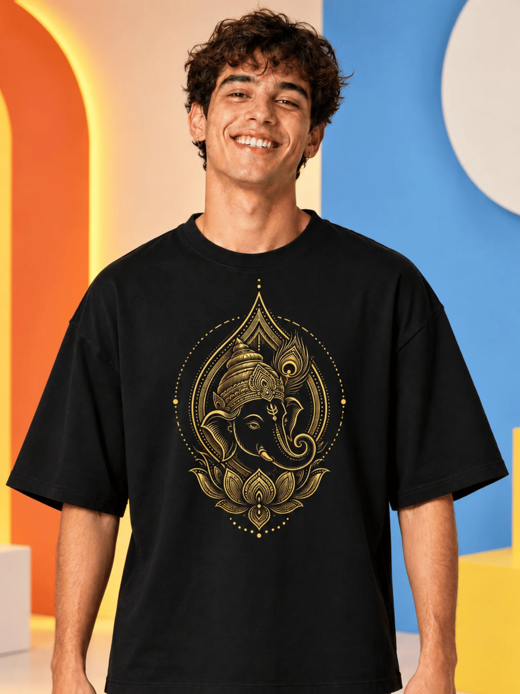 Excello Men's Golden Ganesha Aura Graphic Oversized T-Shirt - 240 GSM Pure Cotton, Bio-Washed | Black
