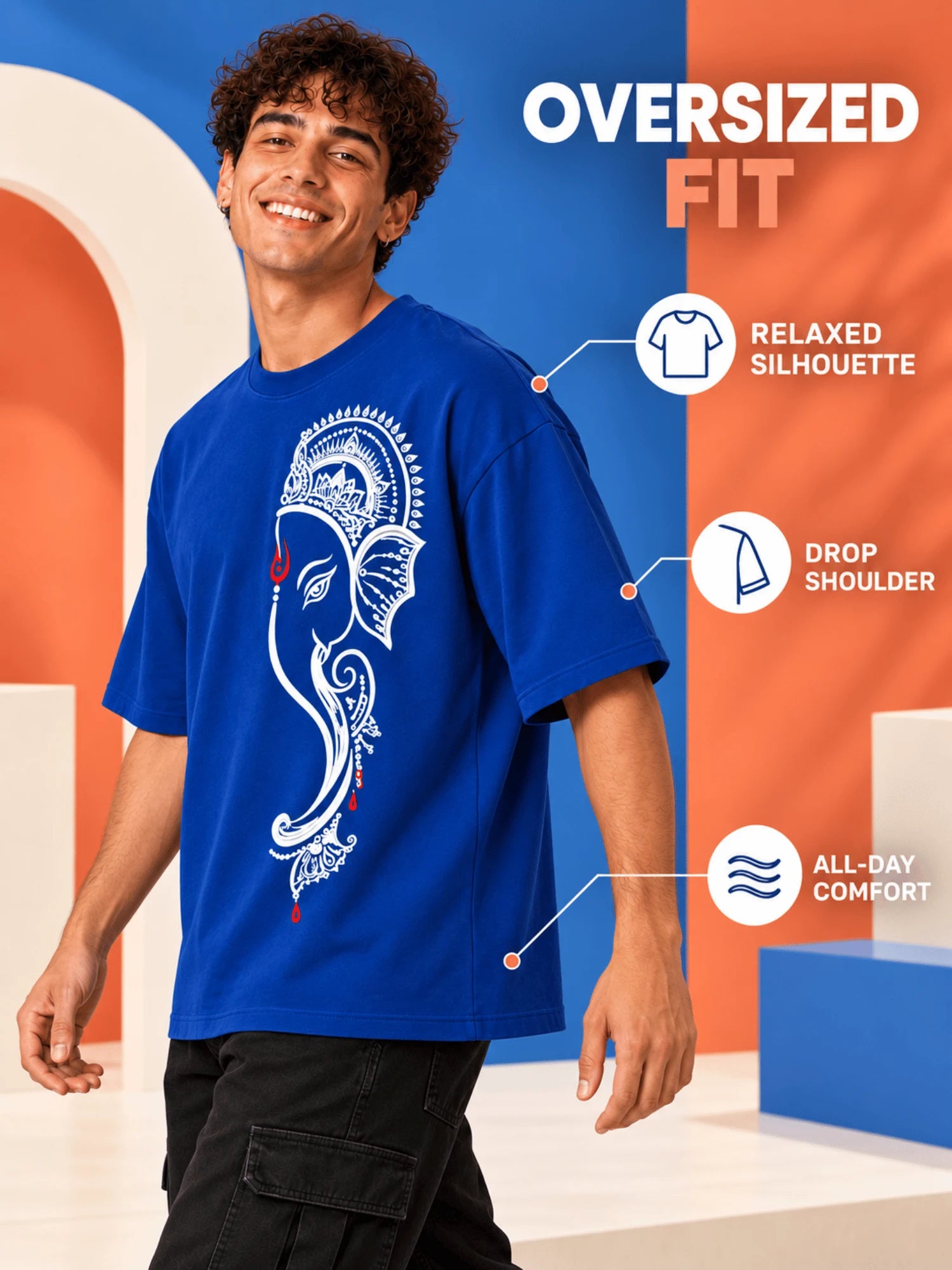 Excello Men's Minimalist Ganesha Line Art Graphic Oversized T-Shirt - 240 GSM Pure Cotton, Bio-Washed-Airforce Blue