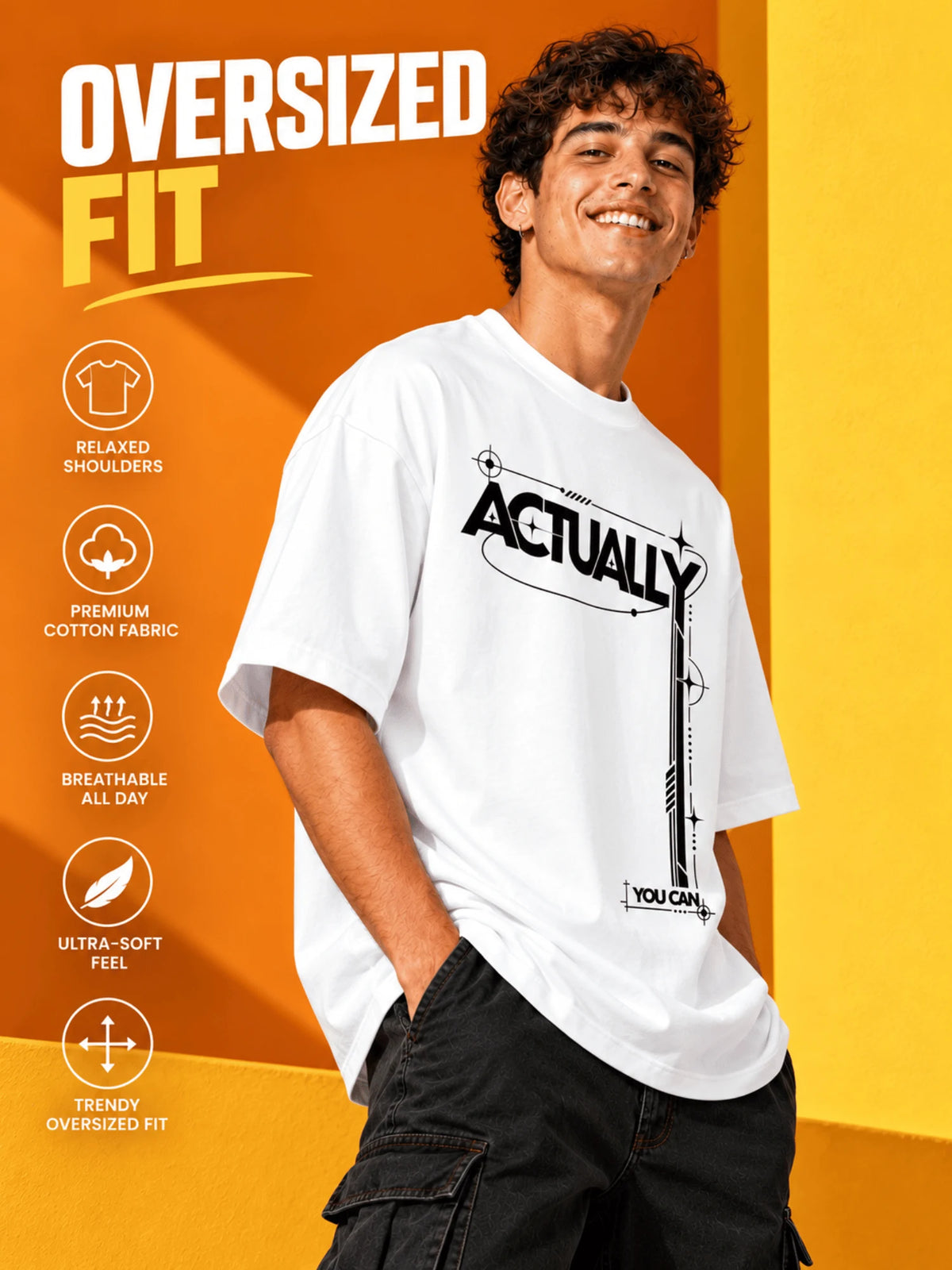 Excello Men's 'Actually You Can' Typography Oversized T-Shirt | White