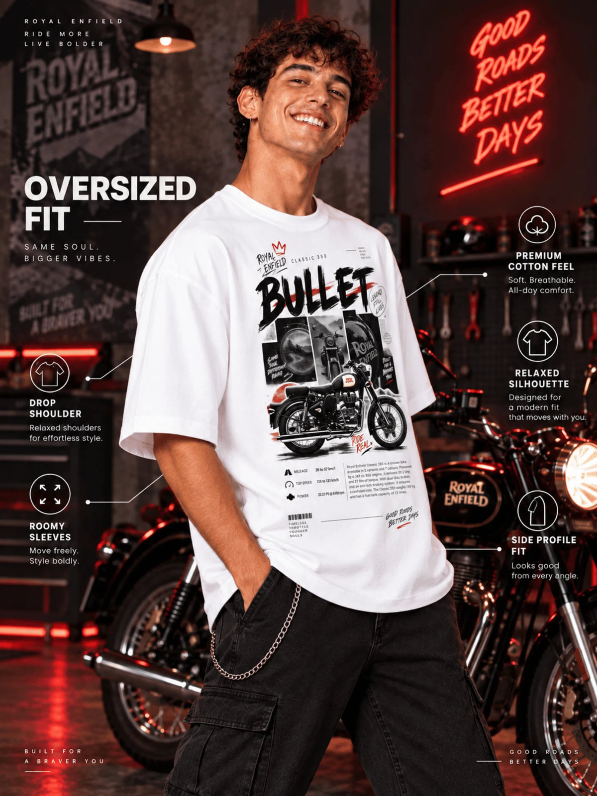 Excello Men's Royal Enfield Bullet 350 Graphic Oversized T-Shirt | White