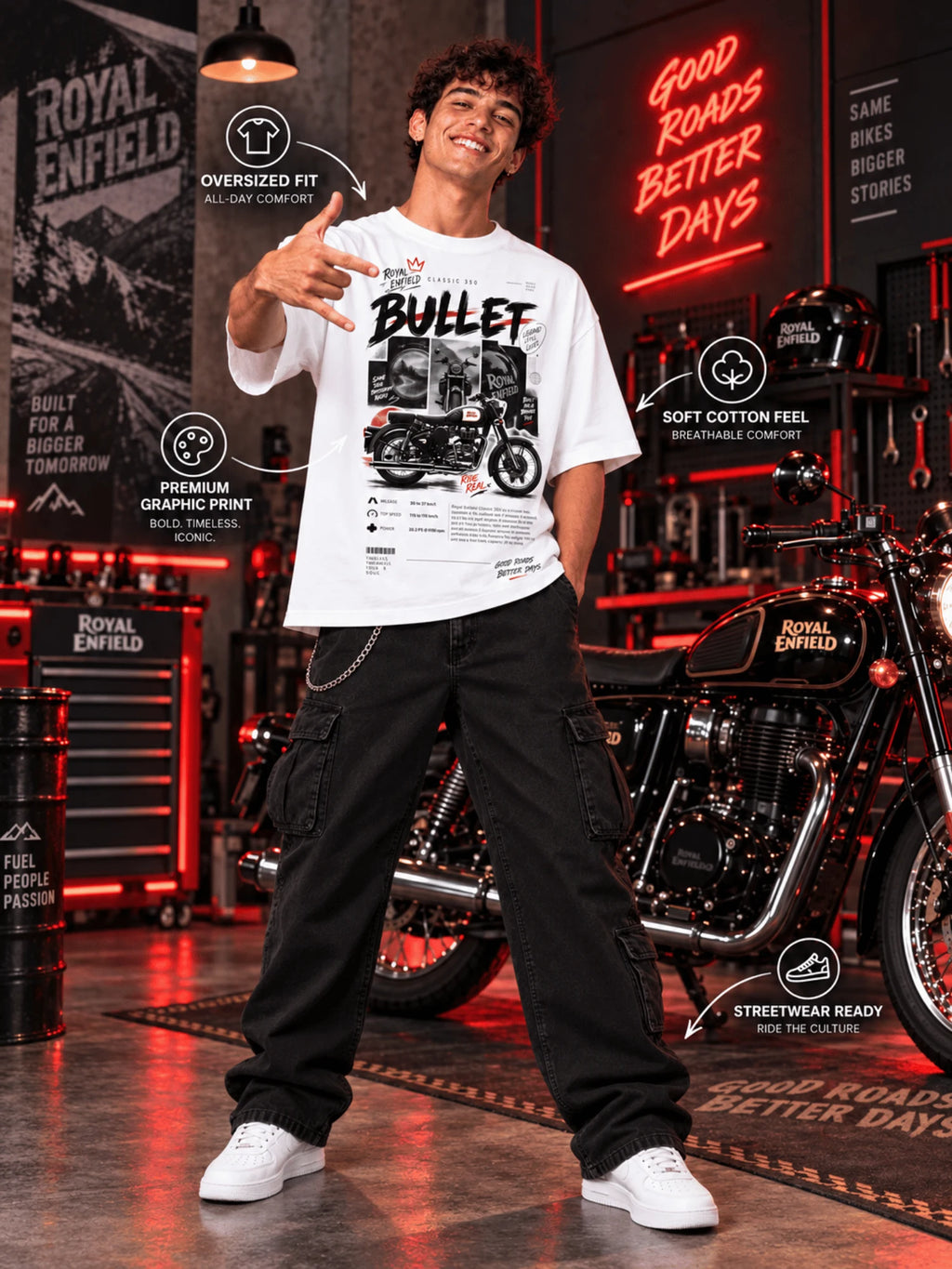 Excello Men's Royal Enfield Bullet 350 Graphic Oversized T-Shirt | White