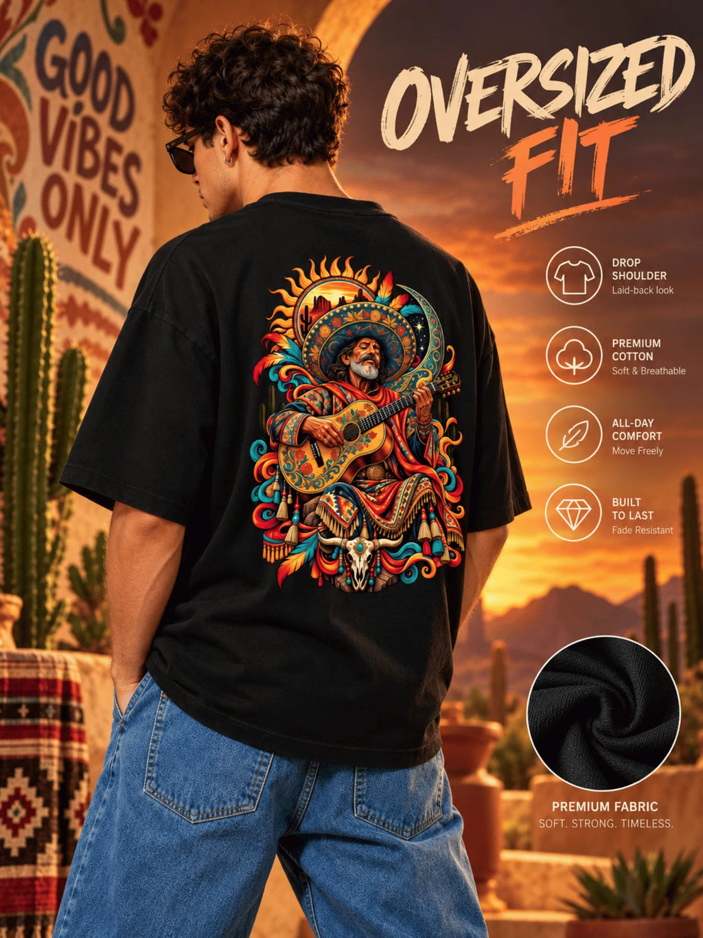Excello Men's Mexican Musician Graphic Oversized T-Shirt | Black