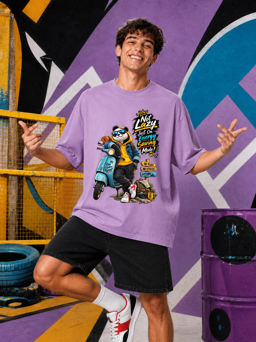Excello Men's 'Not Lazy' Panda Graphic Oversized T-Shirt | Lavender