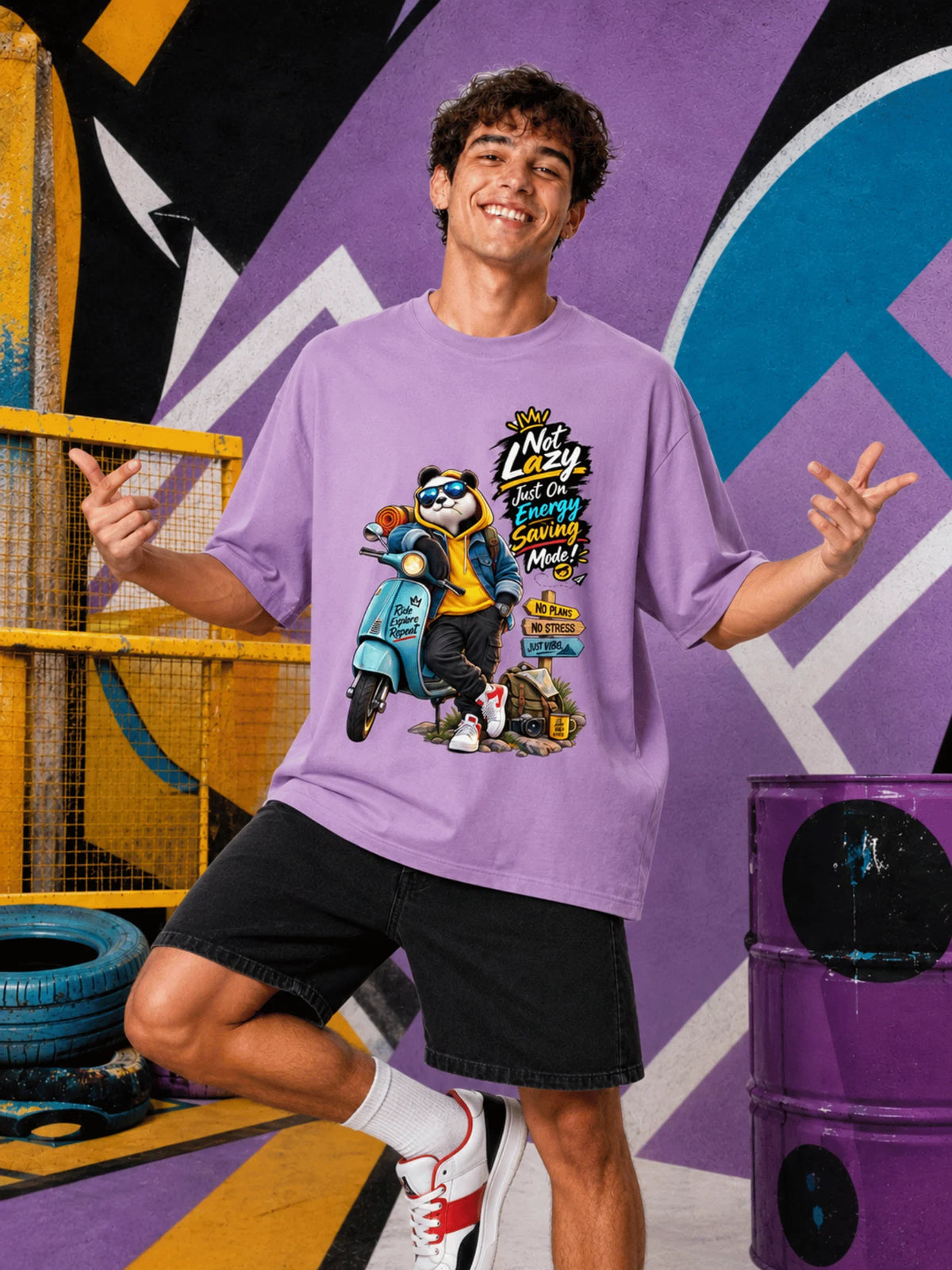 Excello Men's 'Not Lazy' Panda Graphic Oversized T-Shirt | Lavender