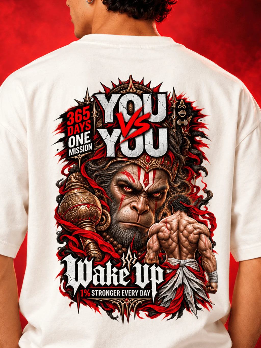 Excello Men's 'You vs You' Hanuman Graphic Oversized T-Shirt | Off White