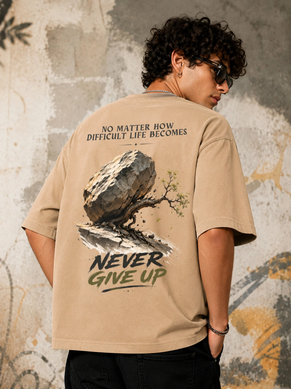 Excello Men's 'Never Give Up' Resilience Graphic Oversized T-Shirt | Beige