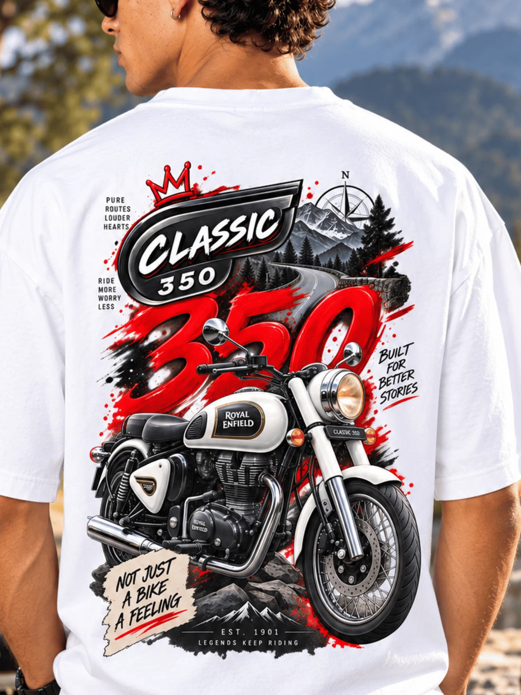 Excello Men's Royal Enfield Classic 350 Graphic Oversized T-Shirt | White