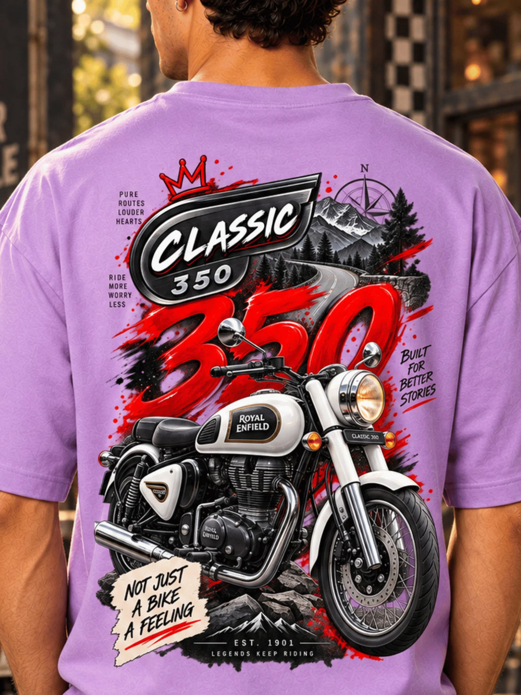 Excello Men's Royal Enfield Classic 350 Graphic Oversized T-Shirt | Lavender
