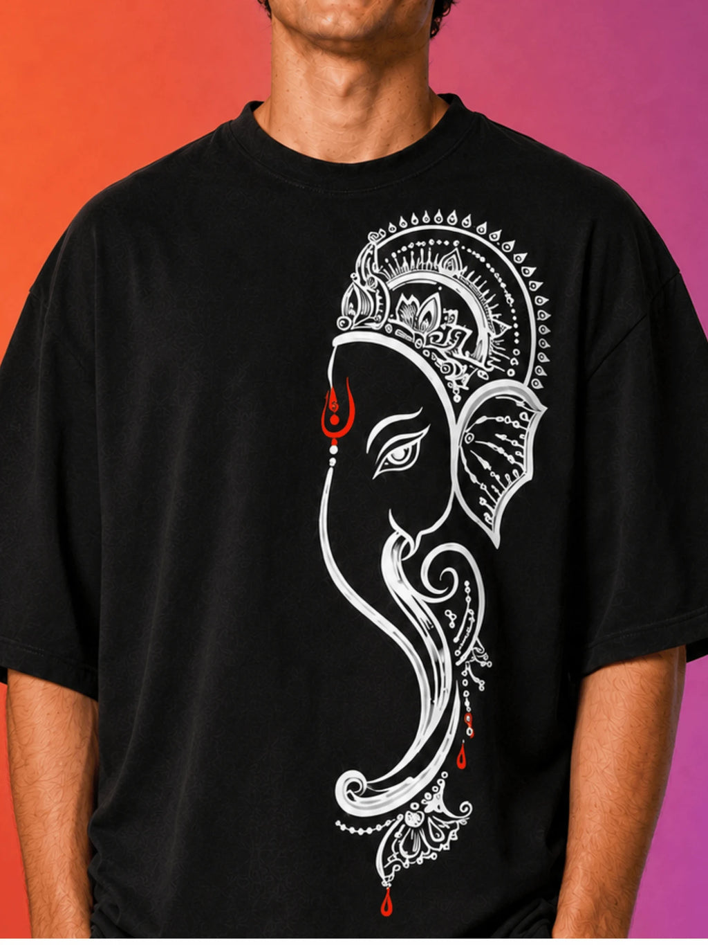 Excello Men's Minimalist Ganesha Line Art Graphic Oversized T-Shirt - 240 GSM Pure Cotton, Bio-Washed-Black