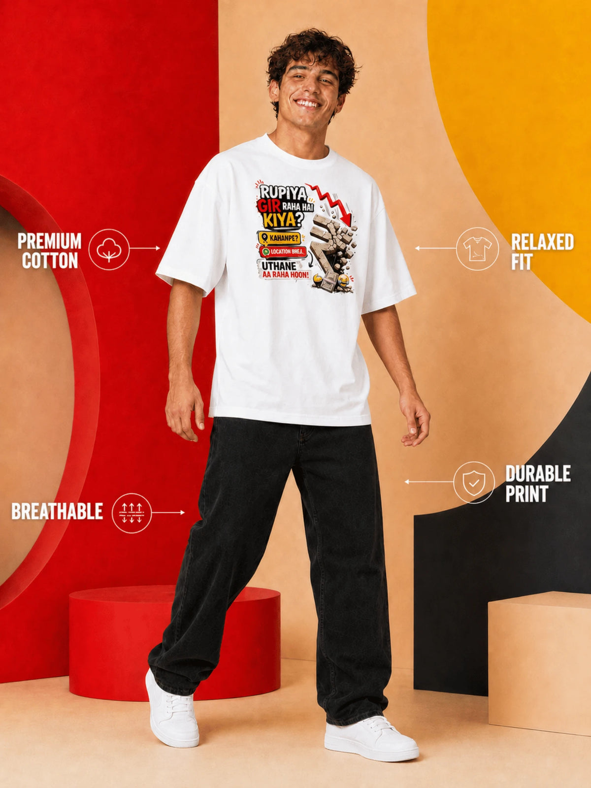 Excello Men's 'Rupiya Gir Raha Hai' Humorous Graphic Oversized T-Shirt| White