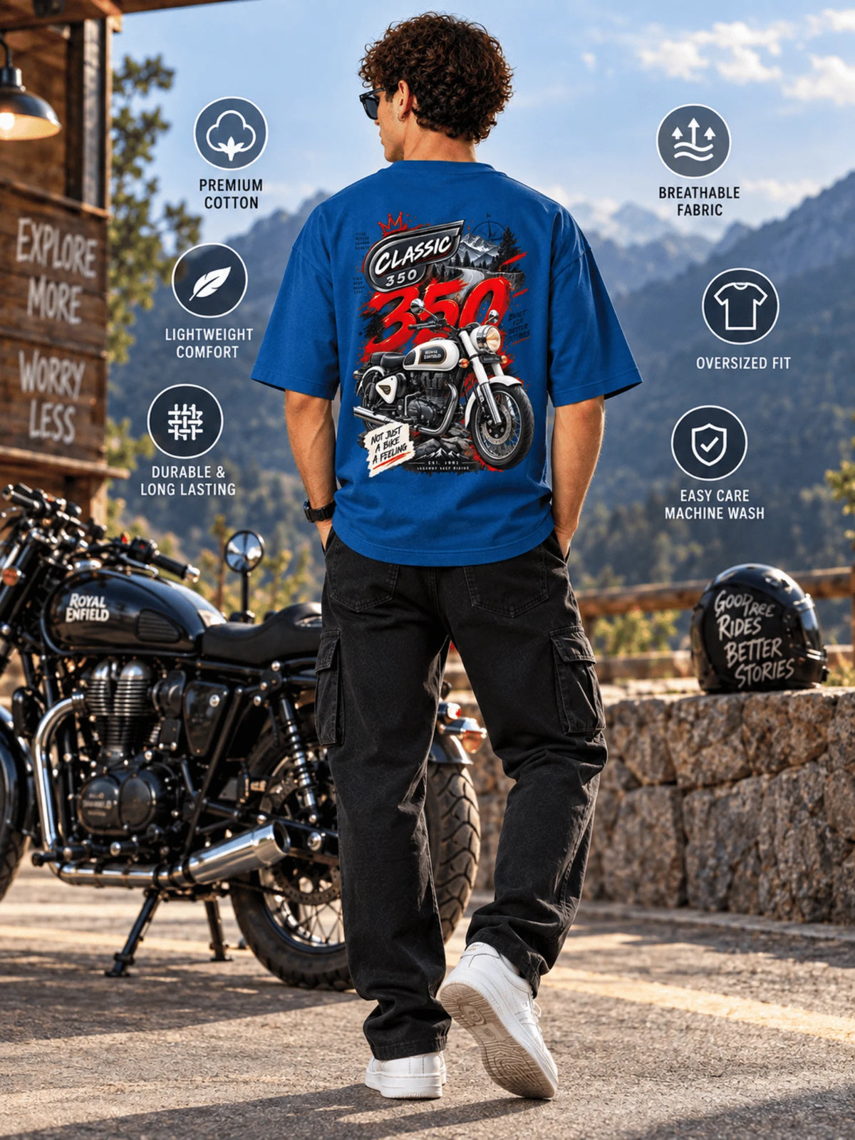 Excello Men's Royal Enfield Classic 350 Graphic Oversized T-Shirt | Air Force Blue