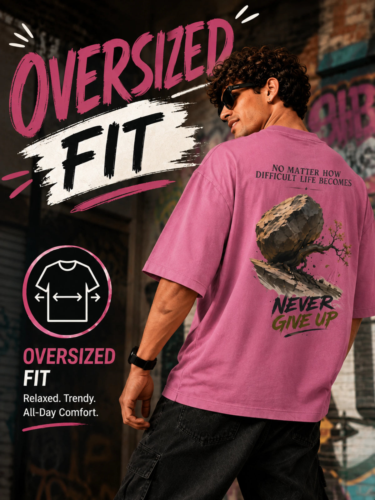 Excello Men's 'Never Give Up' Resilience Graphic Oversized T-Shirt | Rose Pink