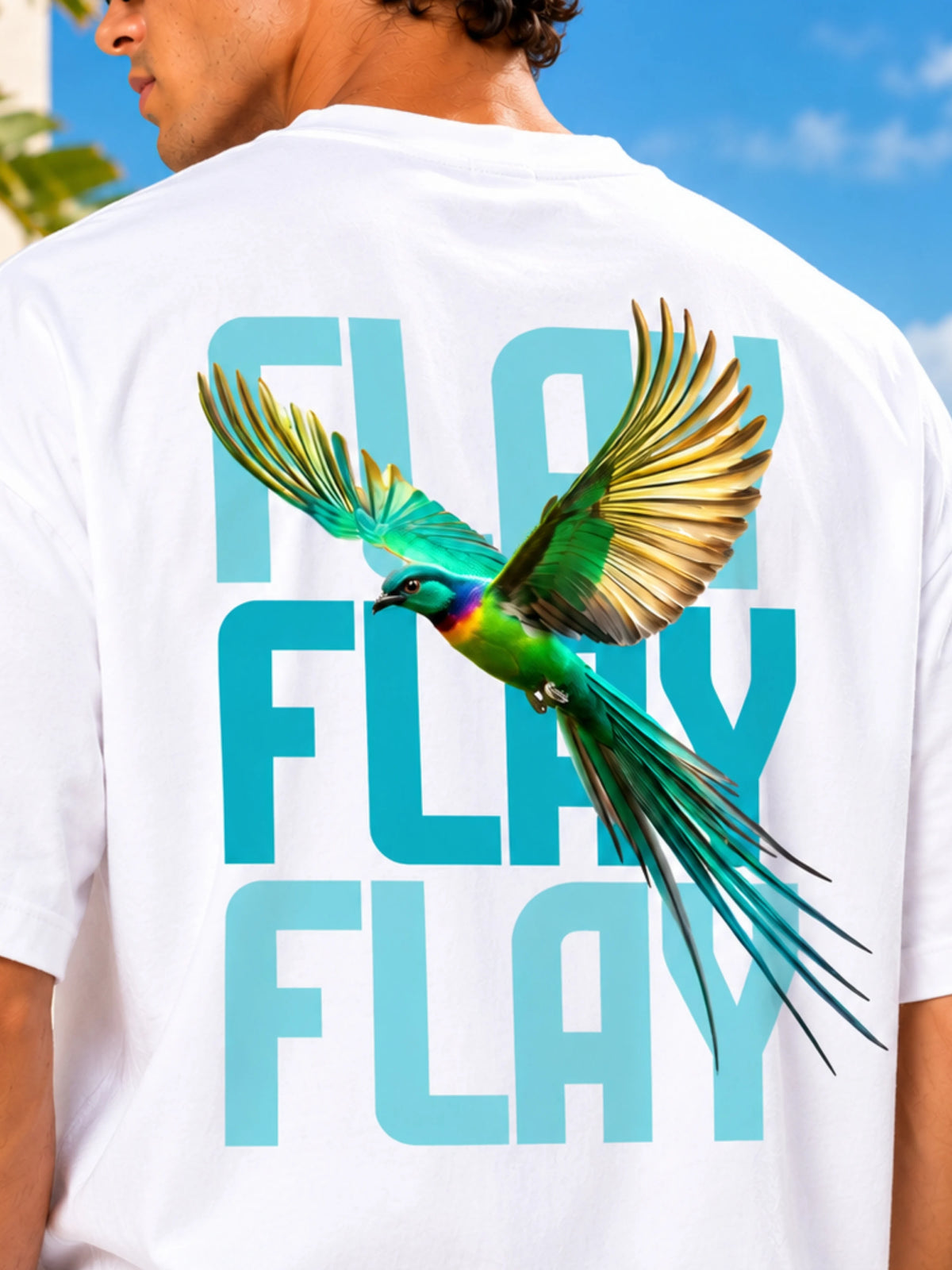 FLAY Men's Premium Oversized Graphic T-Shirt – 100% Rich Cotton, 240 GSM Heavyweight White Tee with Bird Back Print | White