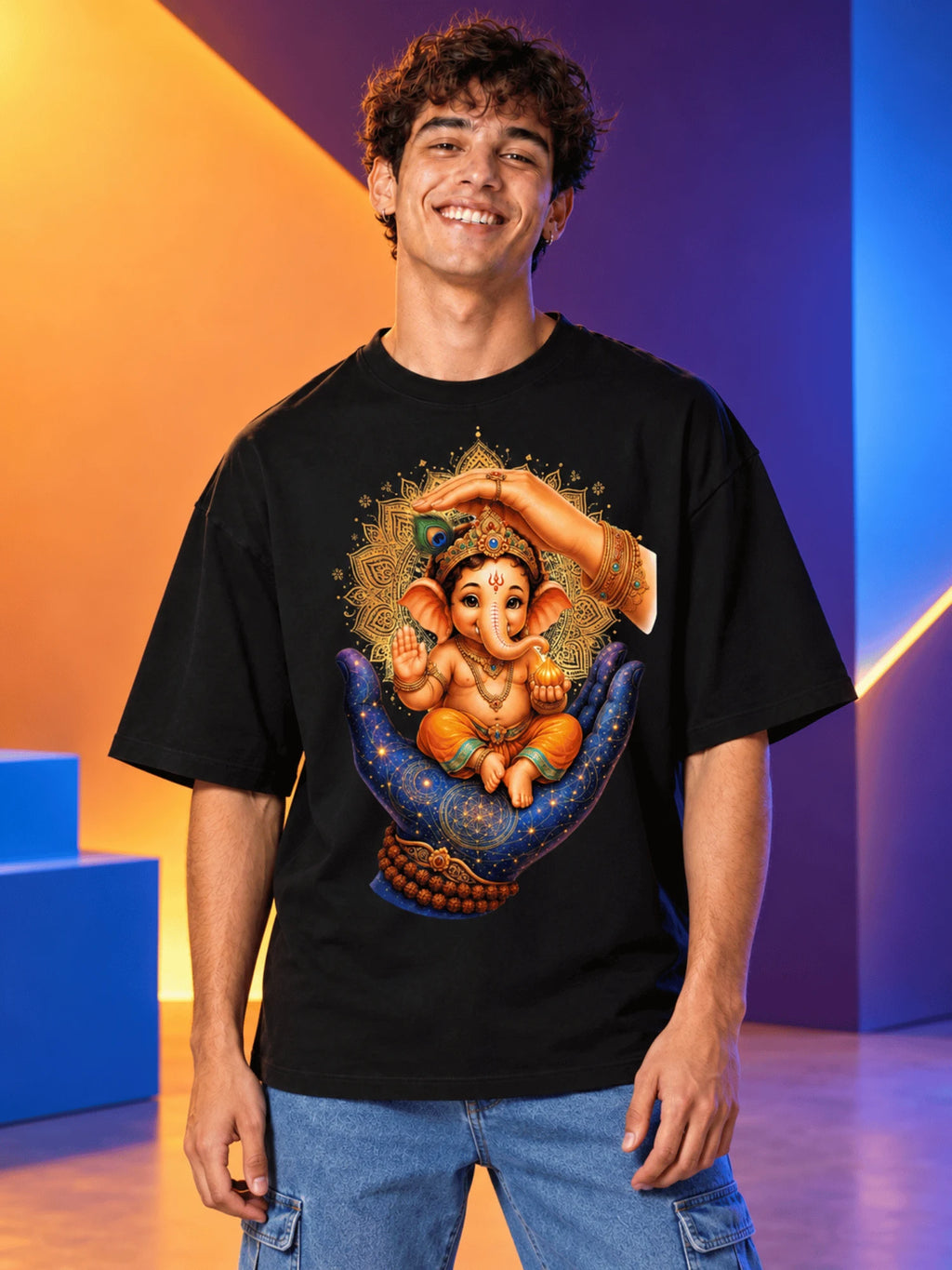 Excello Men's Divine Ganesha Blessing Graphic Oversized T-Shirt - 240 GSM Pure Cotton, Bio-Washed-Black