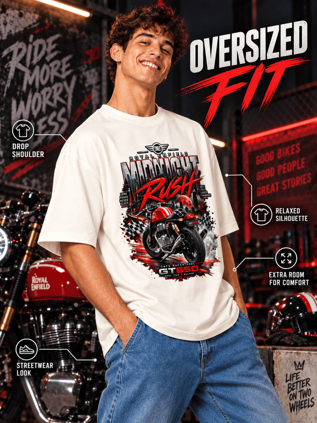 Excello Men's Royal Enfield GT 650 'Midnight Rush' Graphic Oversized T-Shirt | Off White
