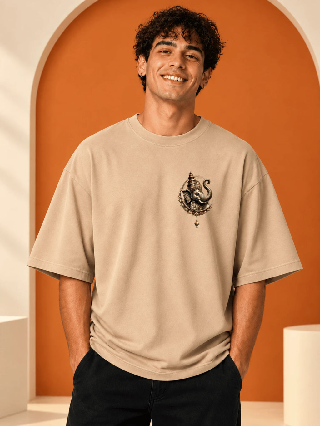 Excello Men's Dynamic Dancing Ganesha Graphic Oversized T-Shirt - 240 GSM Pure Cotton, Bio-Washed | Beige