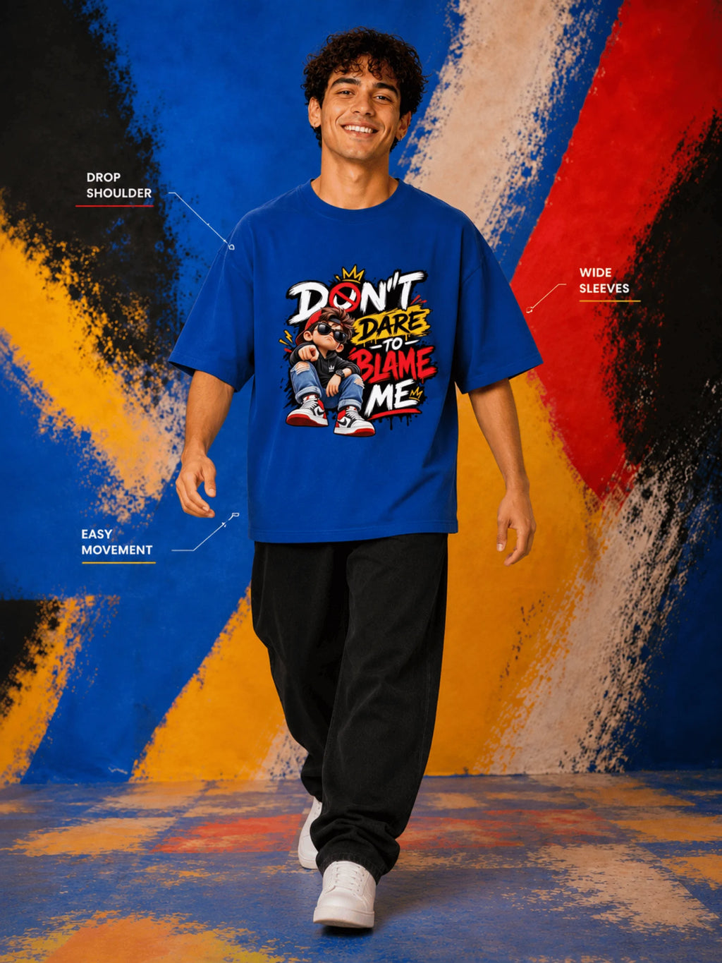 Excello Men's 'Don't Dare to Blame Me' Graphic Oversized T-Shirt | Air Force Blue