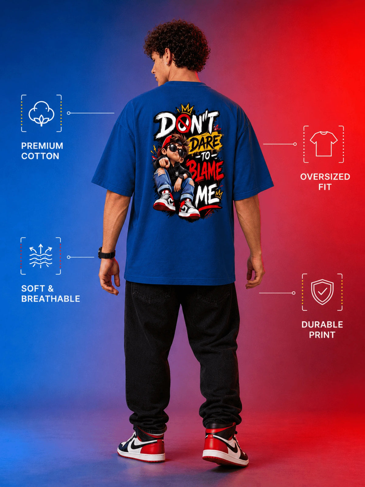 Excello Men's 'Don't Dare To Blame Me' Graphic Oversized T-Shirt | Air Force Blue