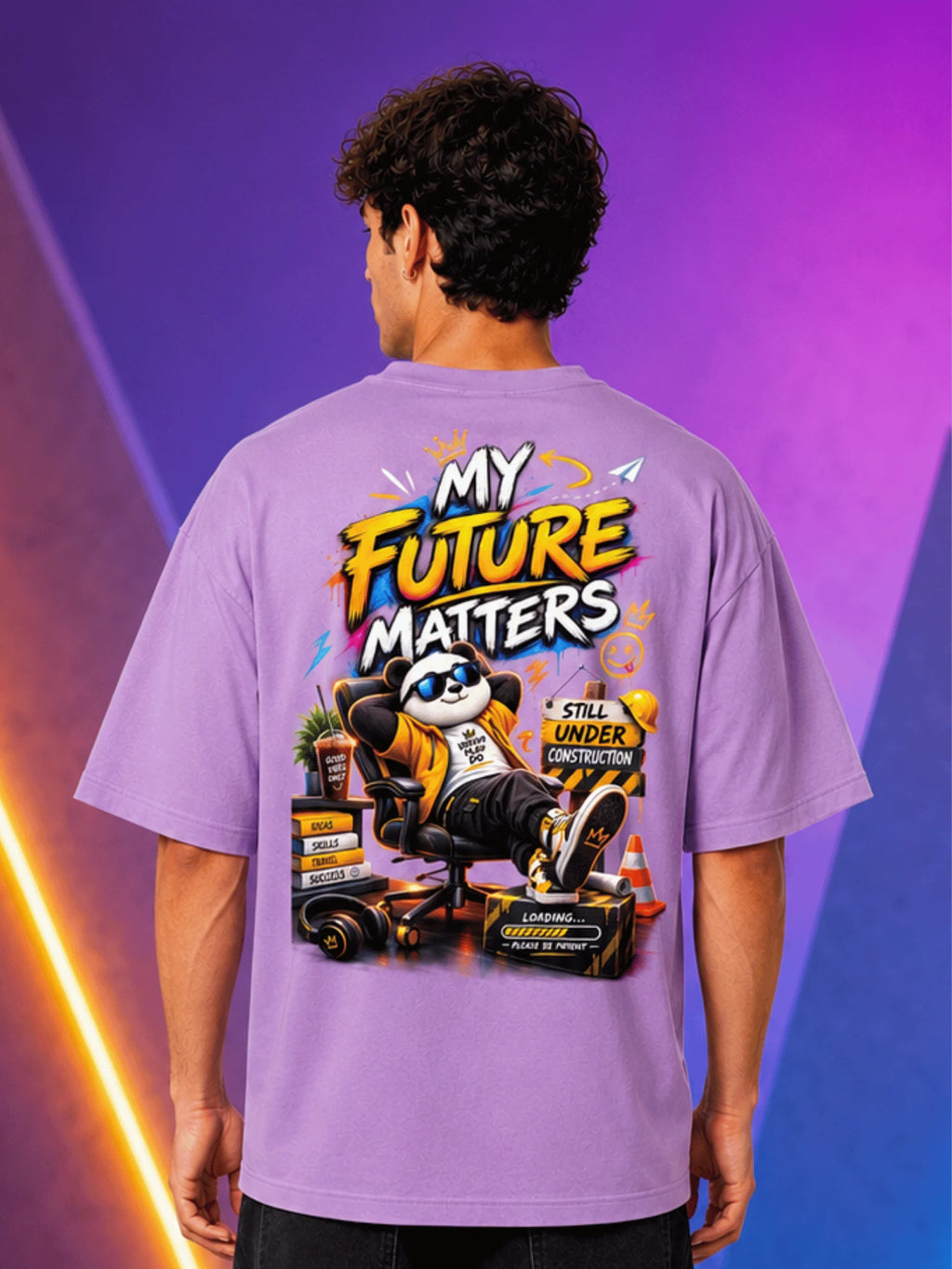 Excello Men's 'My Future Matters' Panda Graphic Oversized T-Shirt | Lavender