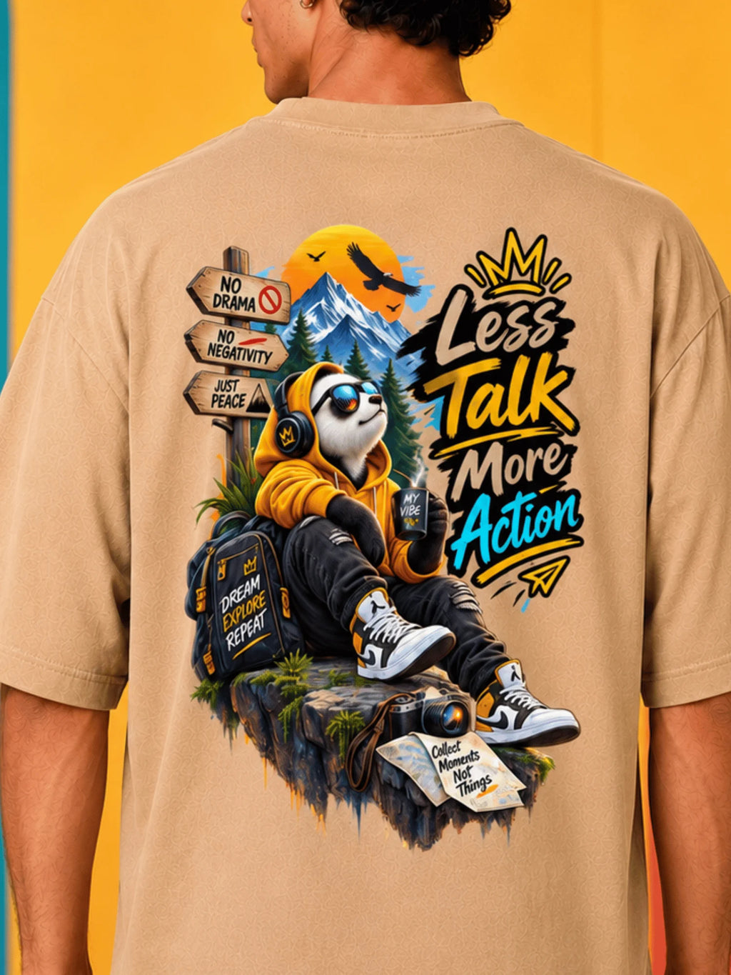 Excello Men's 'Less Talk More Action' Panda Graphic Oversized T-Shirt | Beige