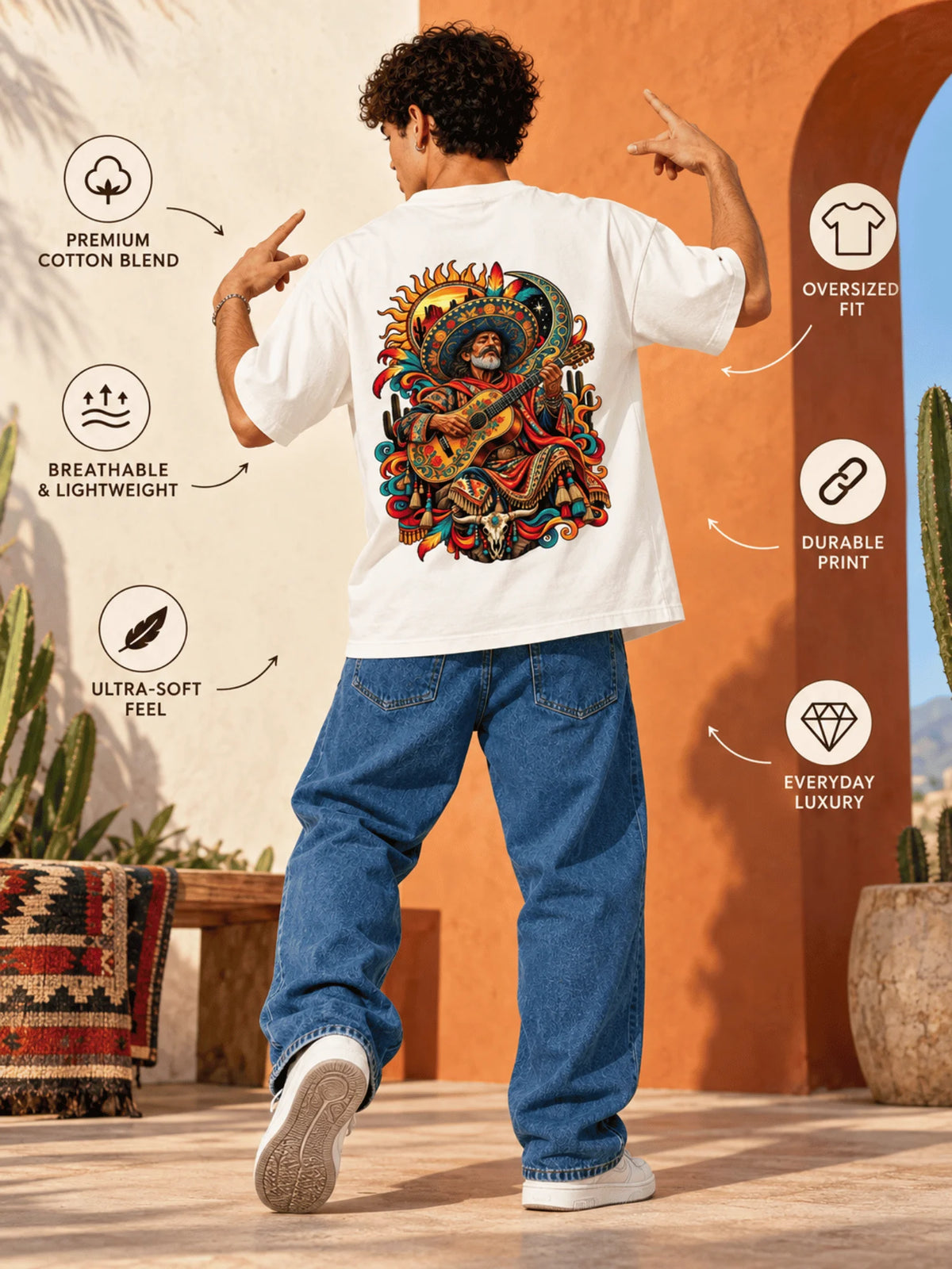 Excello Men's Mexican Musician Graphic Oversized T-Shirt | Off White