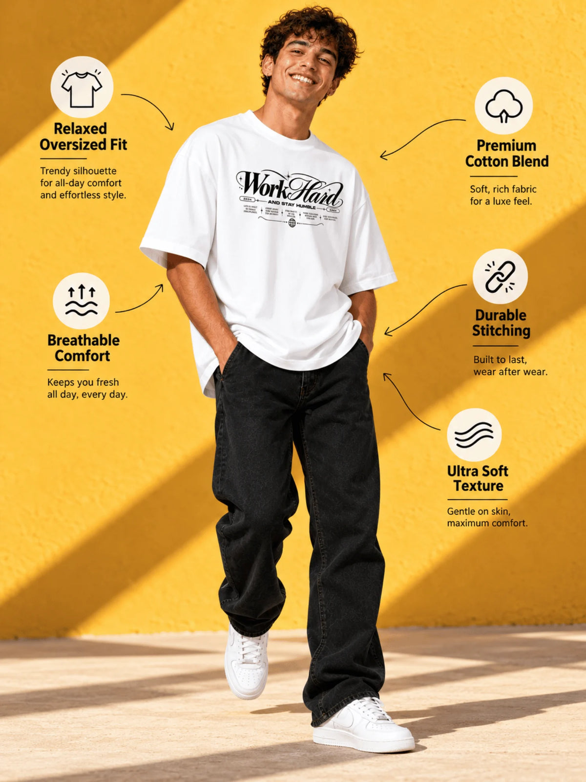 Excello Men's 'Work Hard' Motivational Typography Oversized T-Shirt |  White
