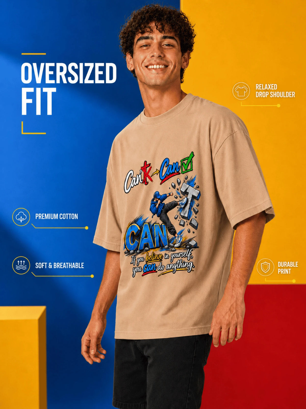 Excello Men's 'Believe You Can' Motivational Graphic Oversized T-Shirt - Premium Cotton | Beige
