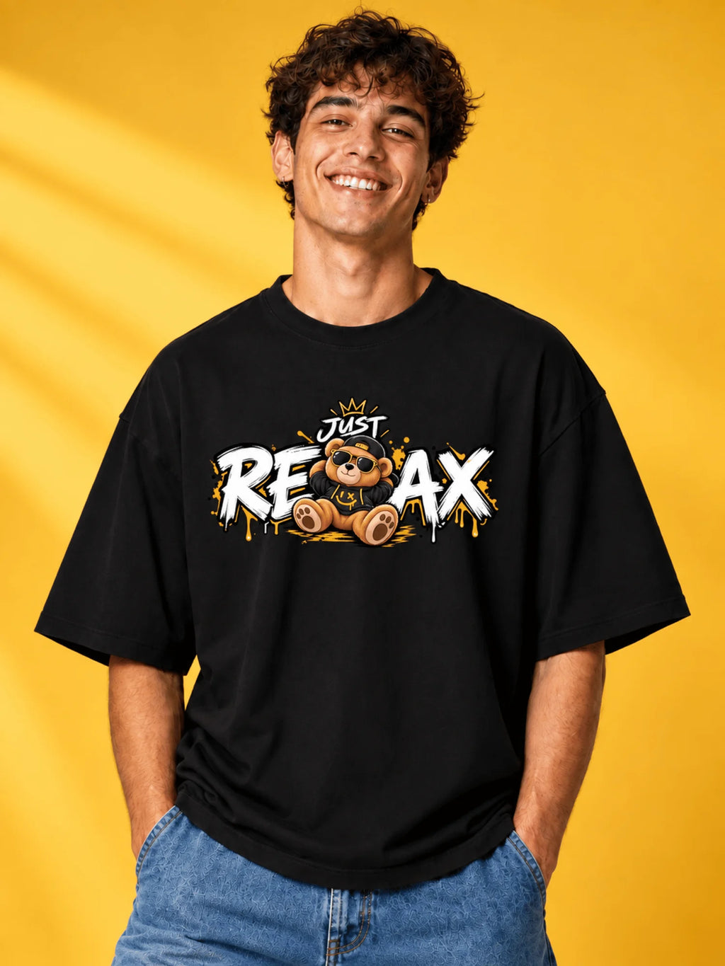 Excello Men's 'Just Relax' Teddy Bear Graphic Oversized T-Shirt | Black