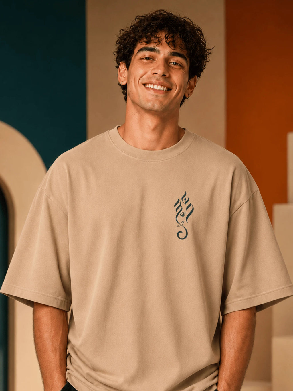 Excello Men's Divine Ganesha Graphic Oversized T-Shirt - 240 GSM Pure Cotton, Bio-Washed-Beige
