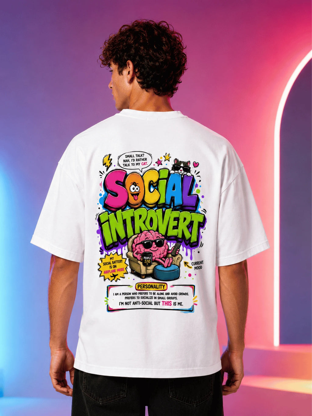 Excello Men's 'Social Introvert' Graphic Oversized T-Shirt | White