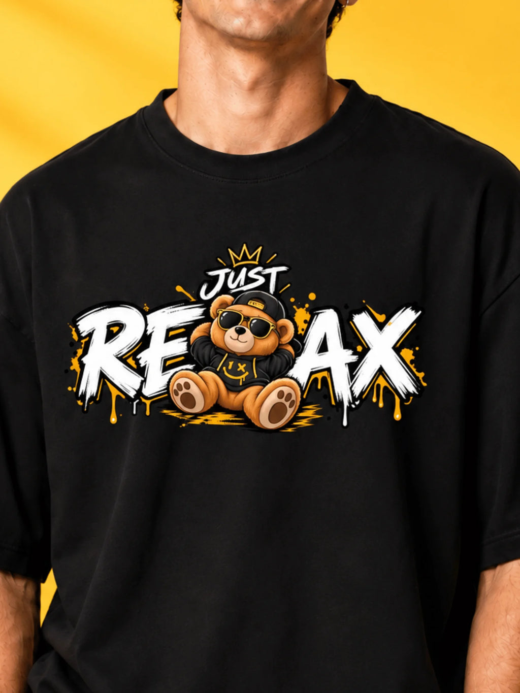 Excello Men's 'Just Relax' Teddy Bear Graphic Oversized T-Shirt | Black