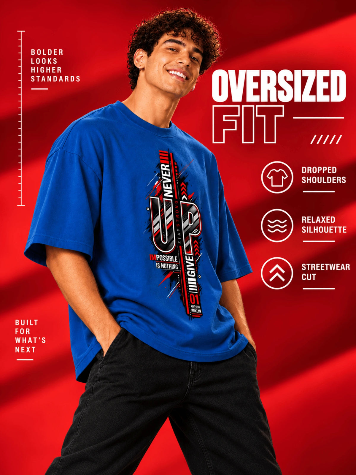 Excello Men's 'Never Give Up' Motivational Graphic Oversized T-Shirt | Air Force Blue