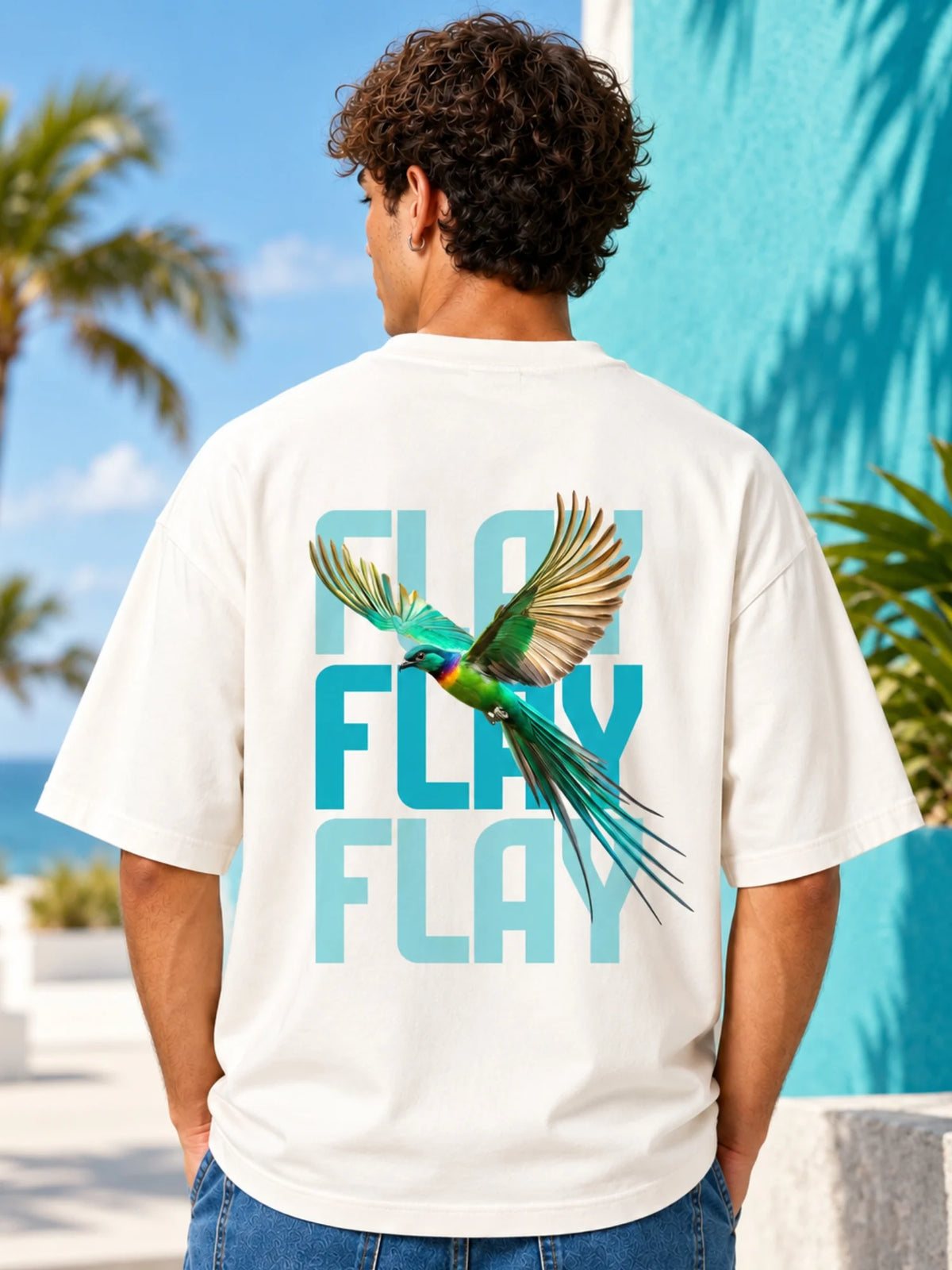 FLAY Men's Premium Oversized Graphic T-Shirt – 100% Rich Cotton, 240 GSM Heavyweight White Tee with Bird Back Print - Off White